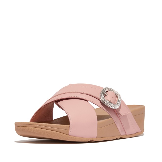 Fitflop Lulu Crystal-Buckle Leather Cross Slides (SKU: 228-399-24-6)