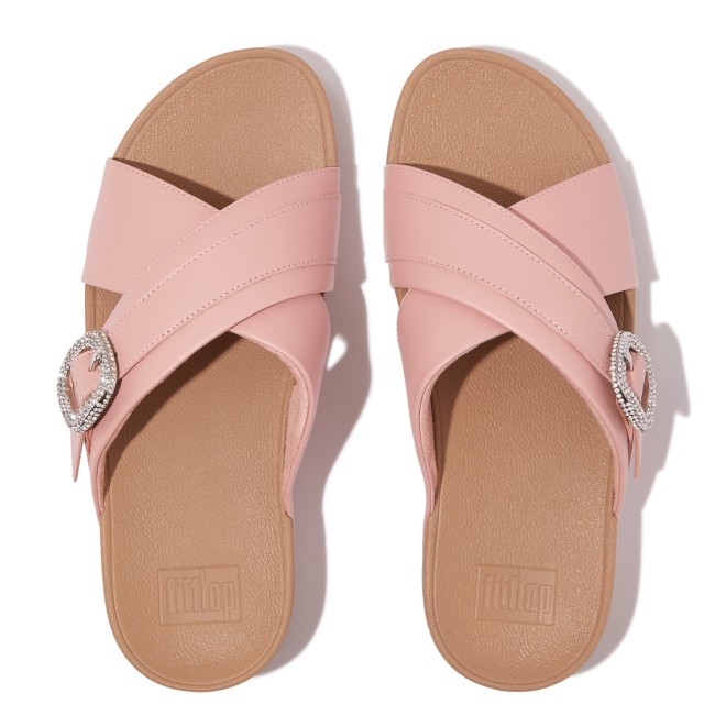 Fitflop Lulu Crystal-Buckle Leather Cross Slides (SKU: 228-399-24-6)