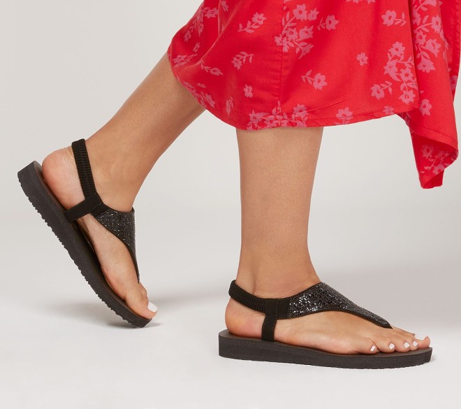 Skechers Women Black-suede Casual Sandals