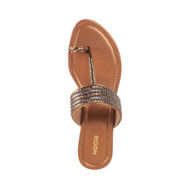 Mochi Women Antique-Gold Ethnic Slip Ons (SKU: 32-1422-28-36)