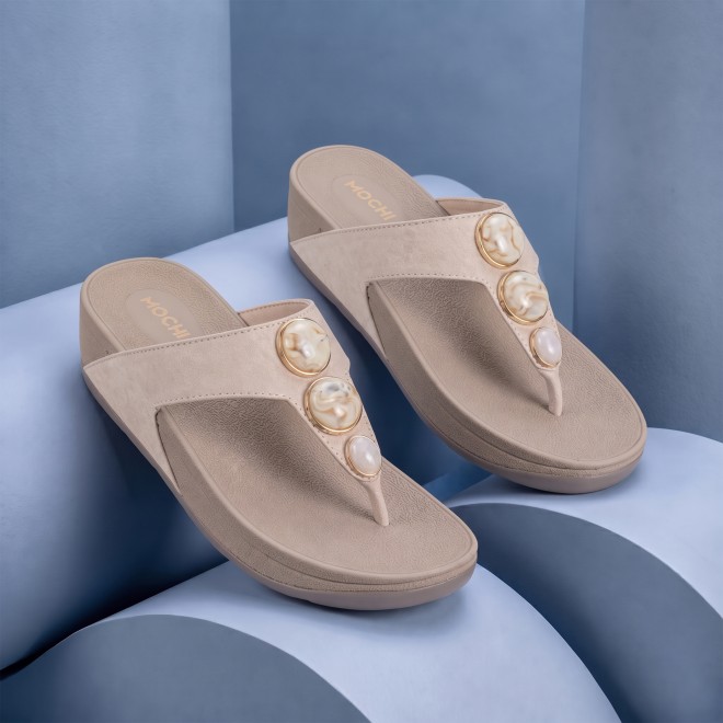 Mochi Women Beige Casual Slippers (SKU: 32-1502-20-36)