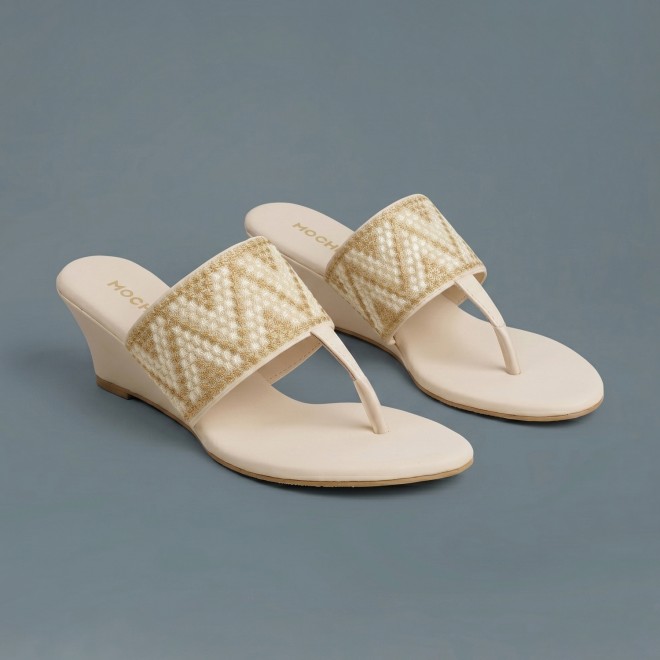 Mochi Women Beige Ethnic Slip Ons