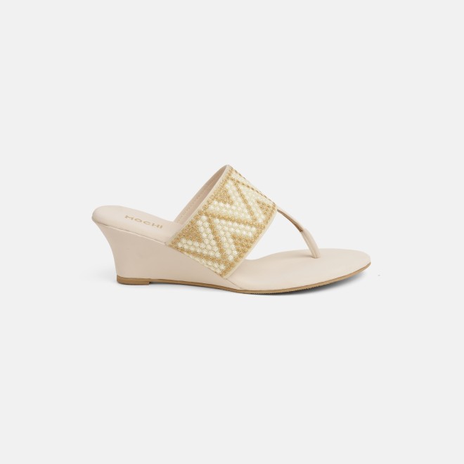 Mochi Women Beige Ethnic Slip Ons (SKU: 32-1694-20-36)