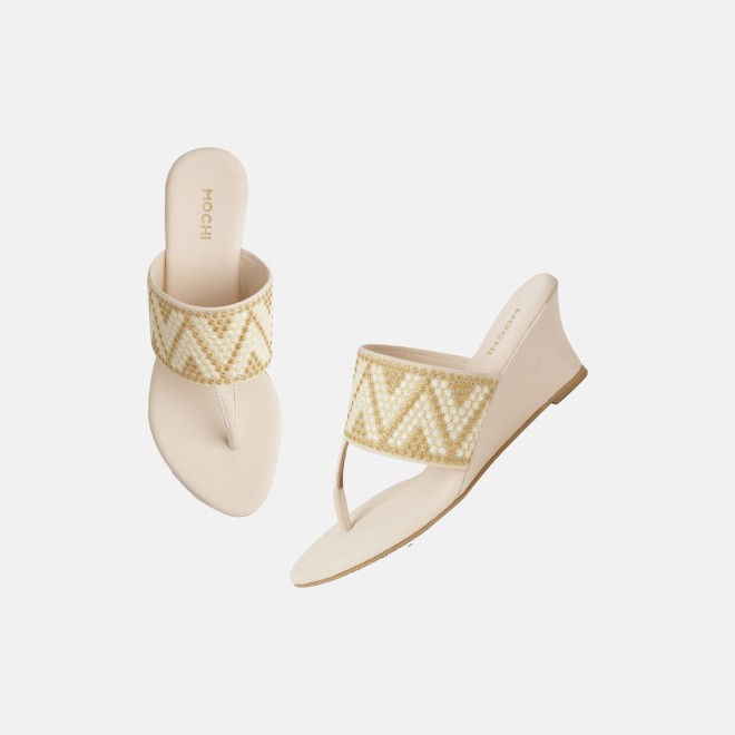 Mochi Women Beige Ethnic Slip Ons (SKU: 32-1694-20-36)