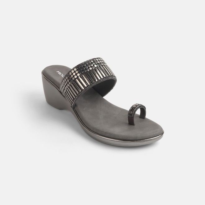 Mochi Women Gun-metal Ethnic Slip Ons