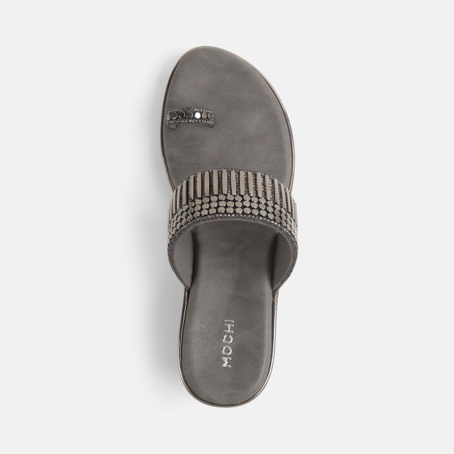 Mochi Women Gun-metal Ethnic Slip Ons (SKU: 32-845-29-36)