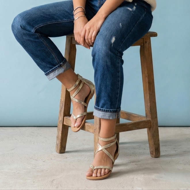 Mochi Women Gold Casual Gladiators (SKU: 33-1529-15-36)