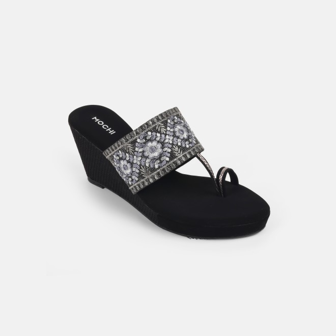 Mochi Women Black Ethnic Slip Ons