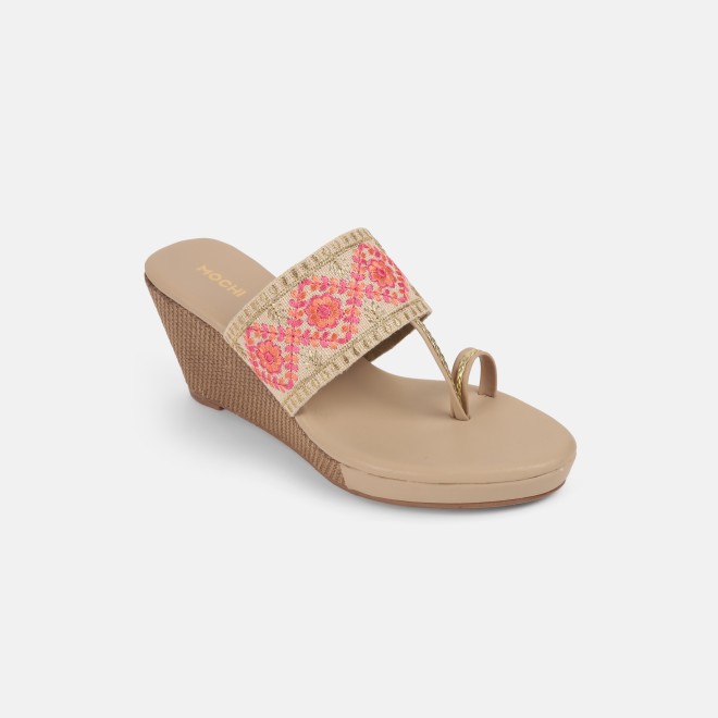 Mochi Women Beige Ethnic Slip Ons