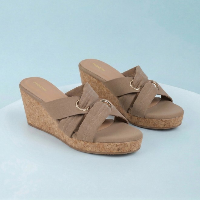 Mochi Women Beige Casual Slip Ons