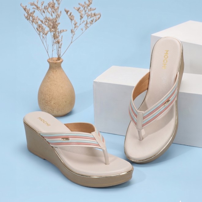Mochi Women Beige Casual Slippers