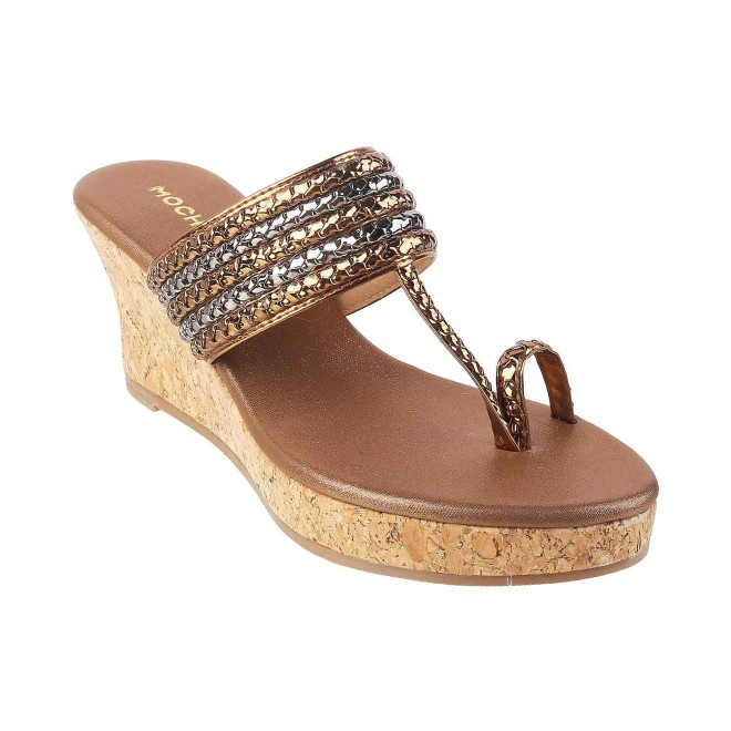 Mochi Women Antique-Gold Ethnic Slip Ons (SKU: 34-9908-28-36)
