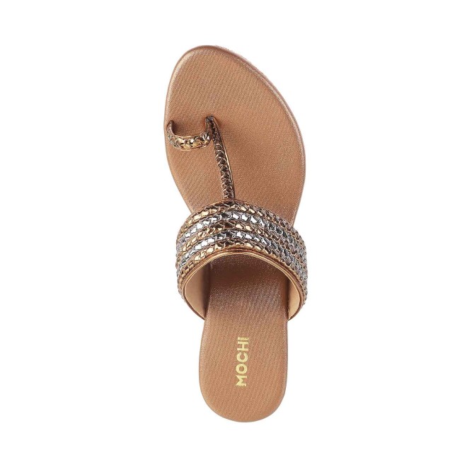 Mochi Women Antique-Gold Ethnic Slip Ons (SKU: 34-9908-28-36)