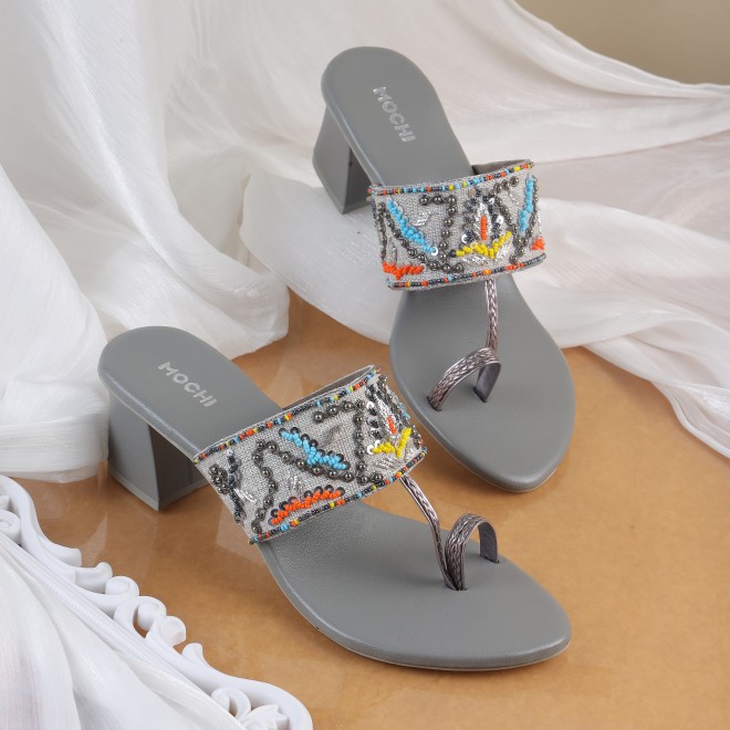 Mochi Women Grey Ethnic Slip Ons