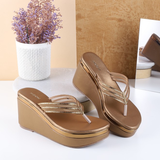 Mochi Women Antique-Gold Casual Slip Ons