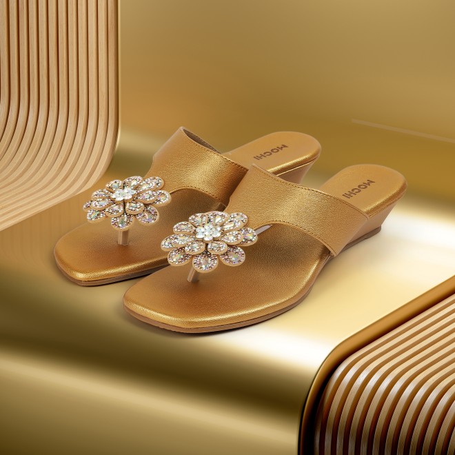 Mochi Women Antic-gold Party Slip Ons