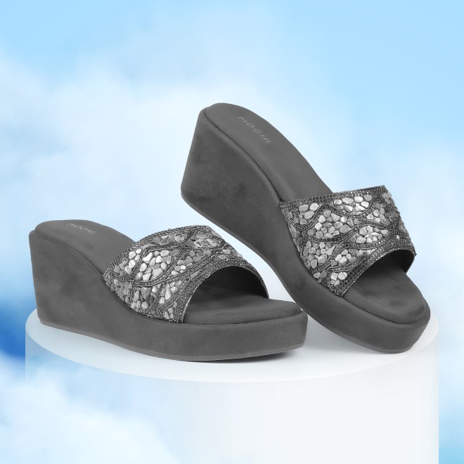 Mochi Women Gun-metal Ethnic Slip Ons