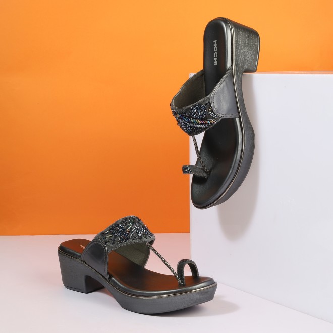Mochi Women Gun-metal Ethnic Slip Ons