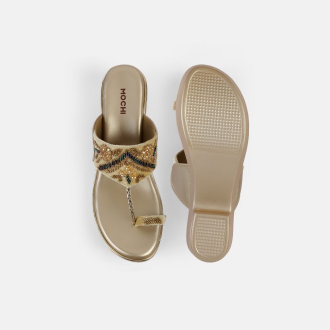 Mochi Women Gold Ethnic Slip Ons (SKU: 35-2054-15-41)