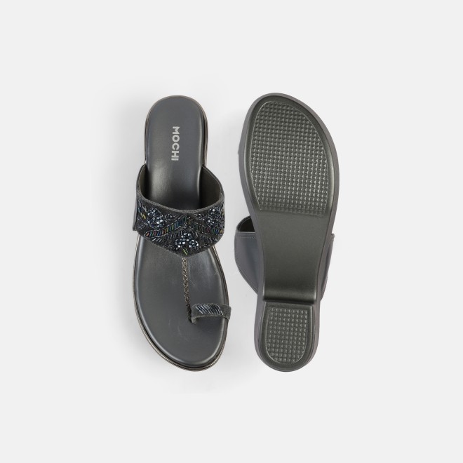 Mochi Women Gun-metal Ethnic Slip Ons (SKU: 35-2054-29-37)