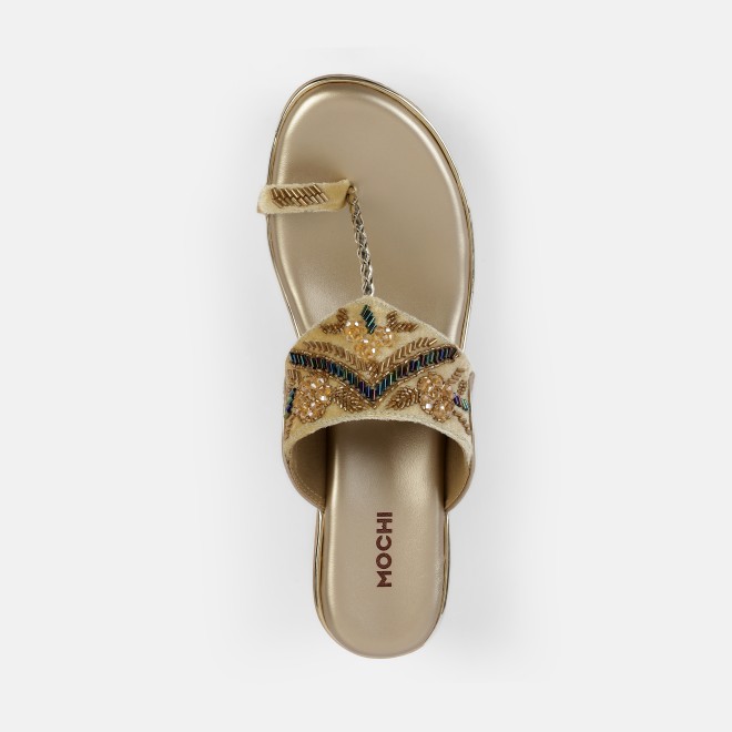 Mochi Women Gold Ethnic Slip Ons (SKU: 35-2054-15-41)