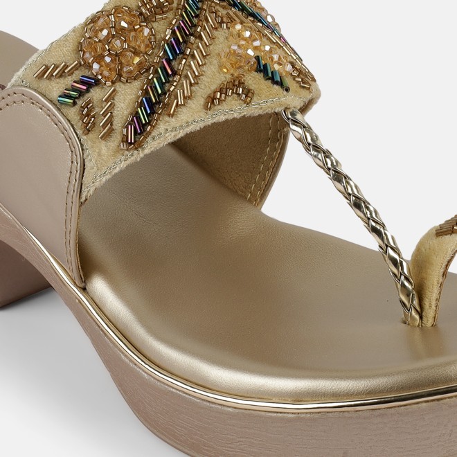 Mochi Women Gold Ethnic Slip Ons (SKU: 35-2054-15-41)