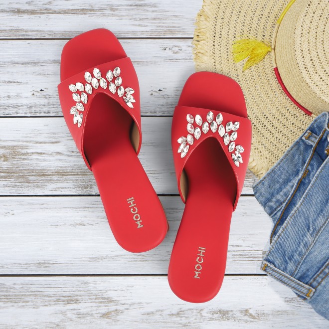 Mochi Women Red Party Slip Ons