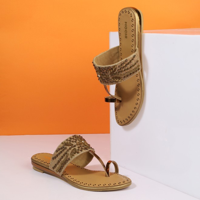 Mochi Women Antic-gold Ethnic Slip Ons