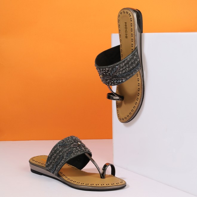 Mochi Women Gun-metal Ethnic Slip Ons
