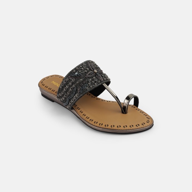 Mochi Women Gun-metal Ethnic Slip Ons (SKU: 35-2114-29-37)