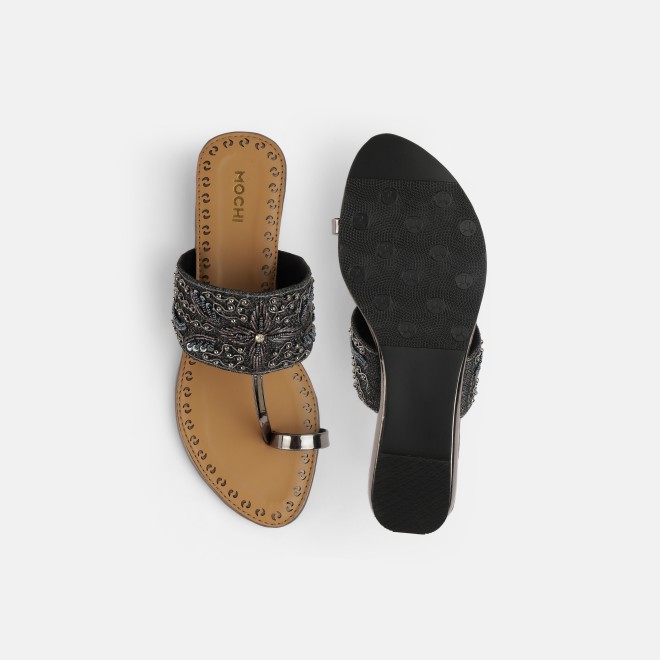 Mochi Women Gun-metal Ethnic Slip Ons (SKU: 35-2114-29-37)