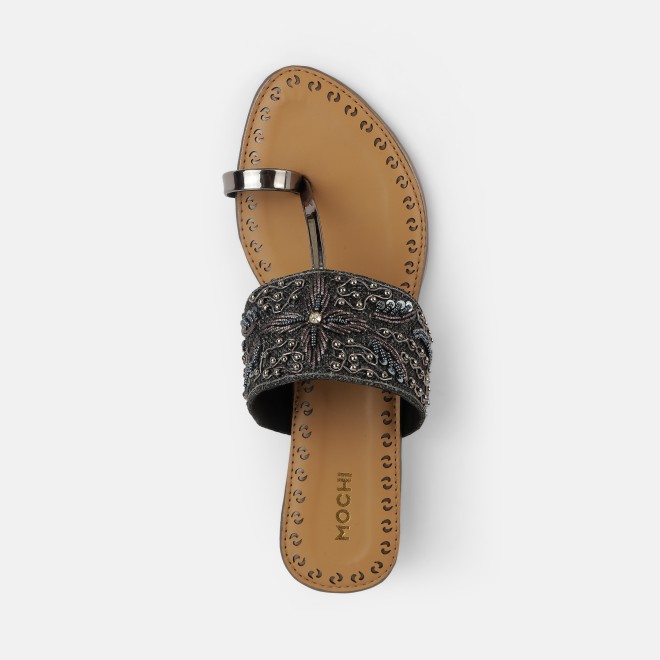Mochi Women Gun-metal Ethnic Slip Ons (SKU: 35-2114-29-37)