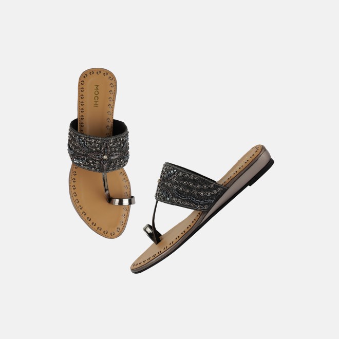 Mochi Women Gun-metal Ethnic Slip Ons (SKU: 35-2114-29-37)