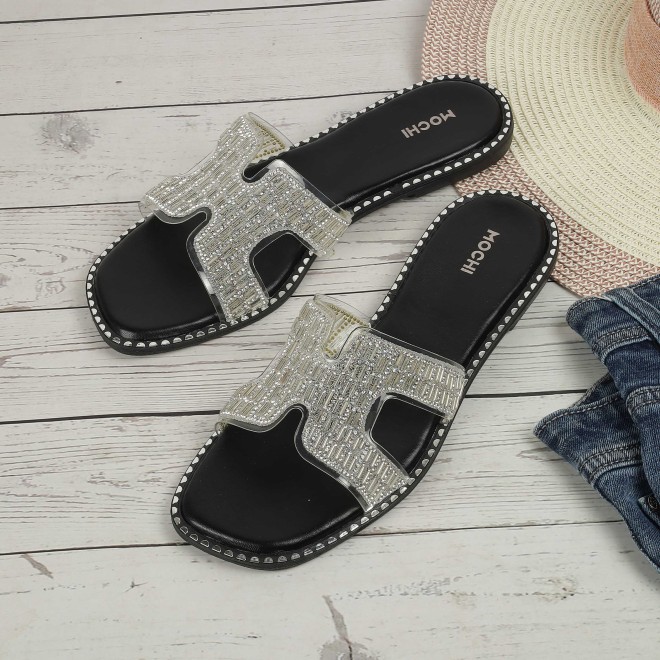 Mochi Women Silver Party Slippers
