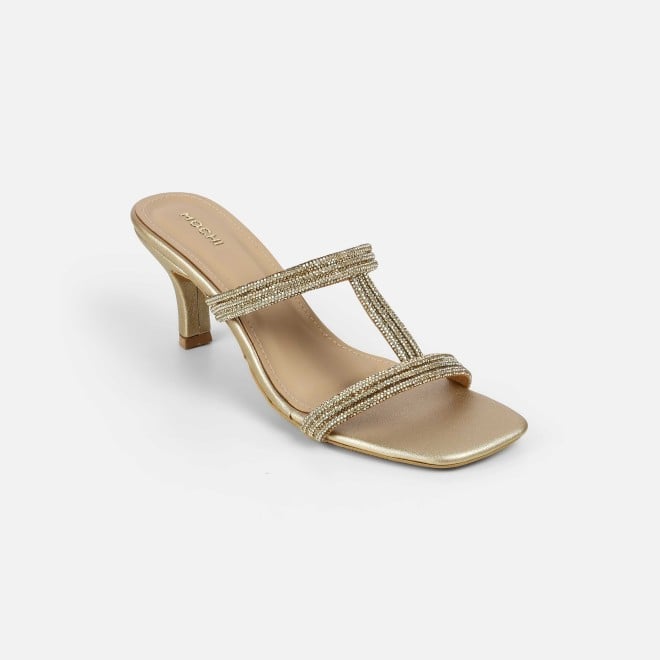 Mochi Women Gold Party Slip Ons