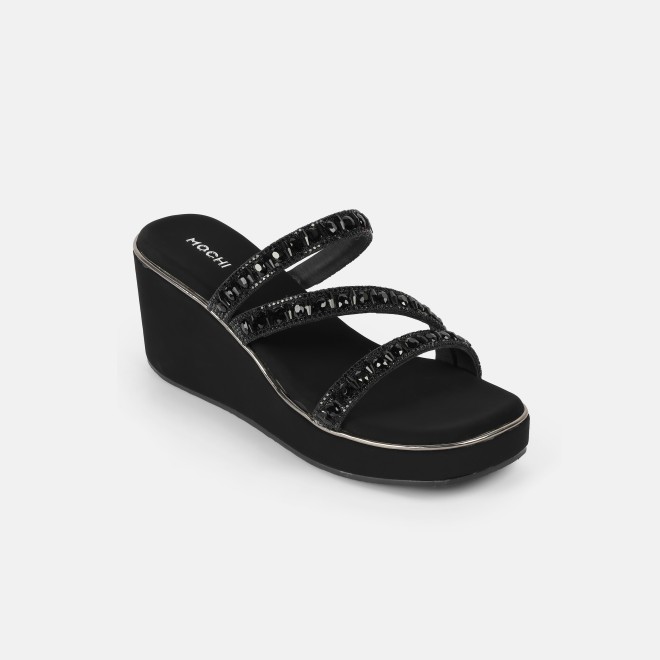 Mochi Women Black Party Slip Ons