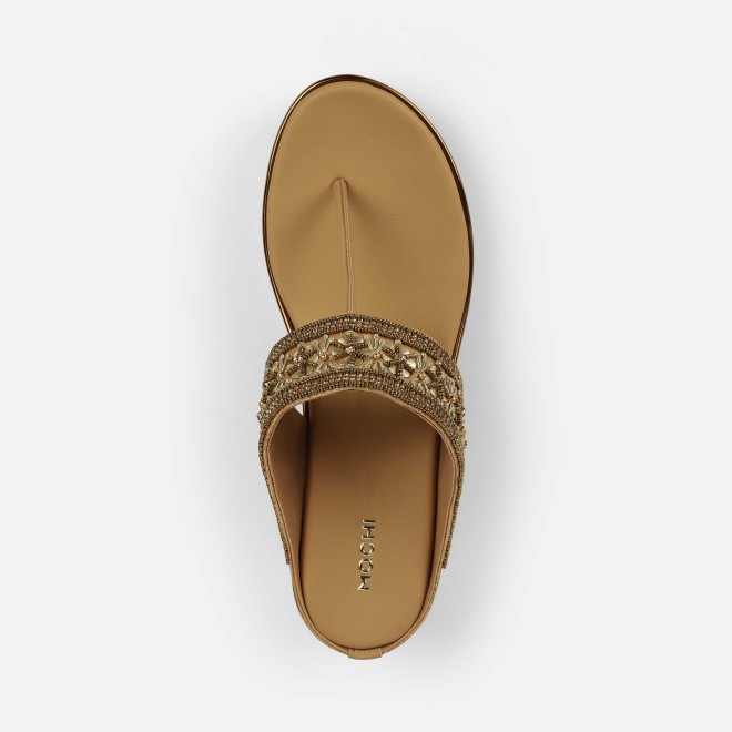 Mochi Women Antic-gold Ethnic Slip Ons (SKU: 35-2371-28-36)