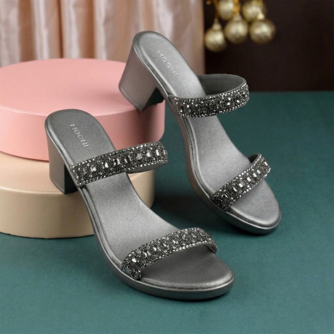 Mochi Women Gun-metal Ethnic Slip Ons