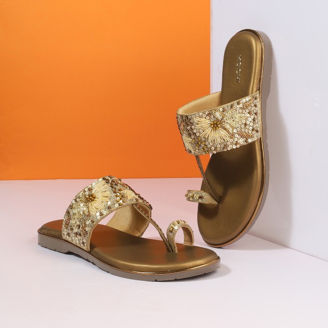 Mochi Women Antic-gold Ethnic Slip Ons (SKU: 35-2374L-28-42)