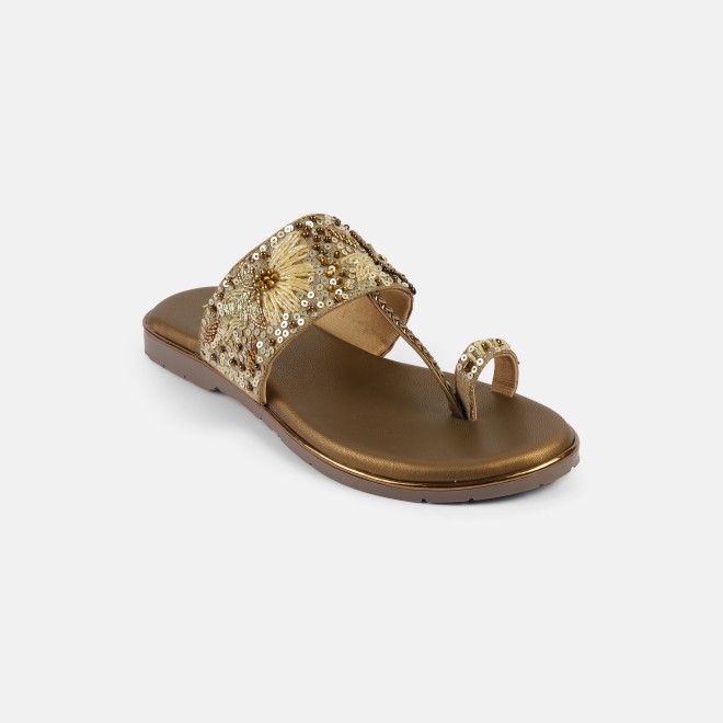 Mochi Women Antic-gold Ethnic Slip Ons