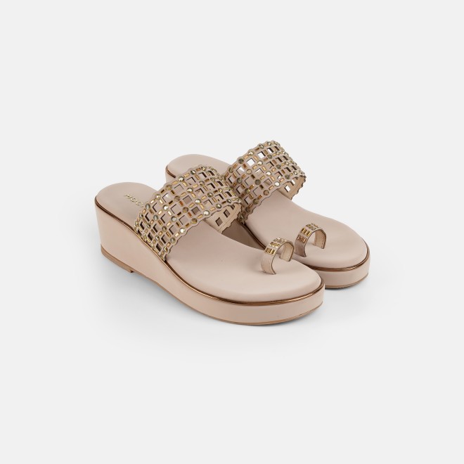 Mochi Women Beige-gold Ethnic Slip Ons (SKU: 35-2388-51-35)