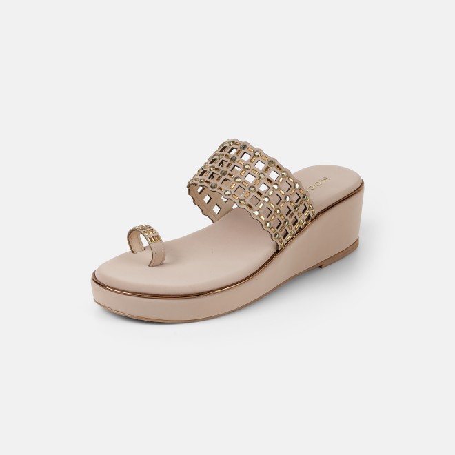 Mochi Women Beige-gold Ethnic Slip Ons (SKU: 35-2388-51-35)
