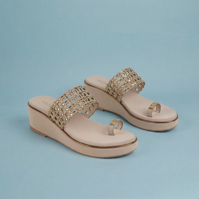 Mochi Women Beige-gold Ethnic Slip Ons