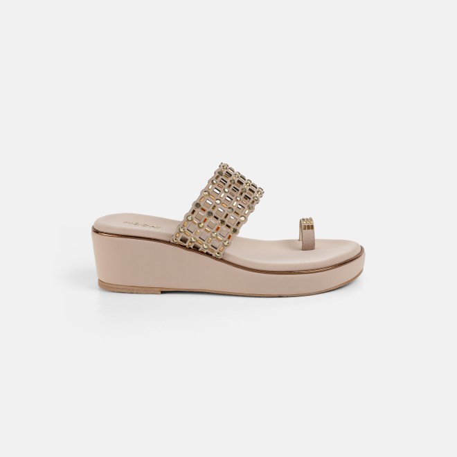 Mochi Women Beige-gold Ethnic Slip Ons (SKU: 35-2388-51-35)