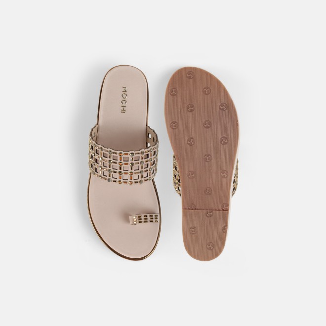 Mochi Women Beige-gold Ethnic Slip Ons (SKU: 35-2388-51-35)