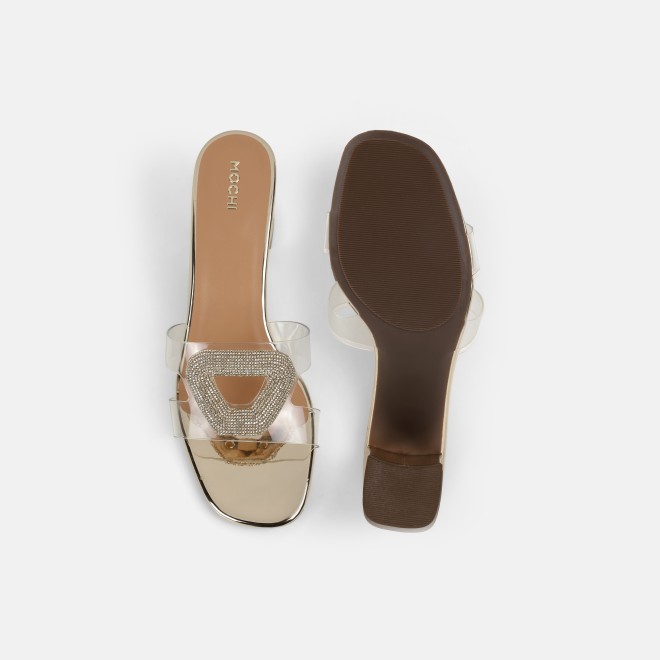 Mochi Women Gold Casual Slip Ons (SKU: 35-2423-15-36)