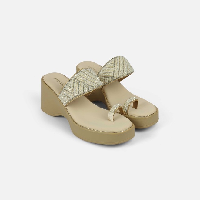 Mochi Women Beige-gold Ethnic Slip Ons (SKU: 35-2431-51-36)