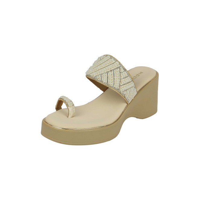 Mochi Women Beige-gold Ethnic Slip Ons (SKU: 35-2431-51-36)