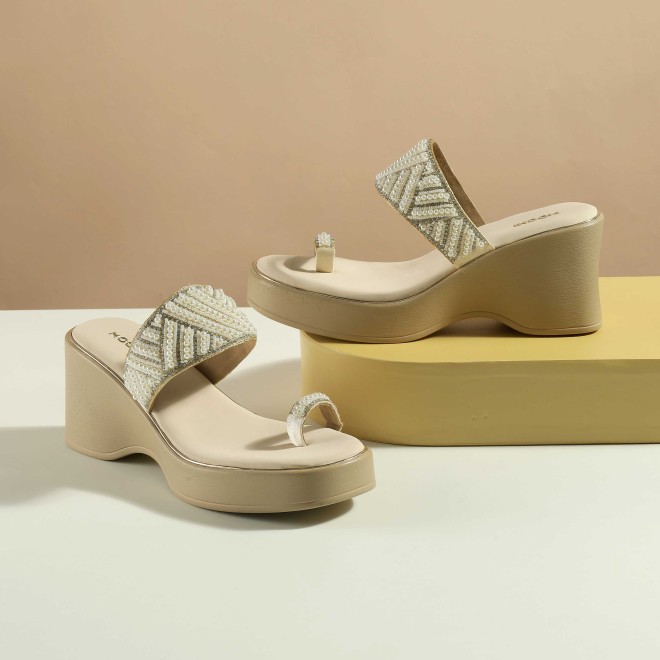 Women Beige-gold Ethnic Slip Ons