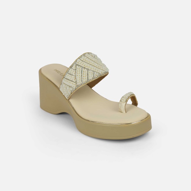Mochi Women Beige-gold Ethnic Slip Ons (SKU: 35-2431-51-36)